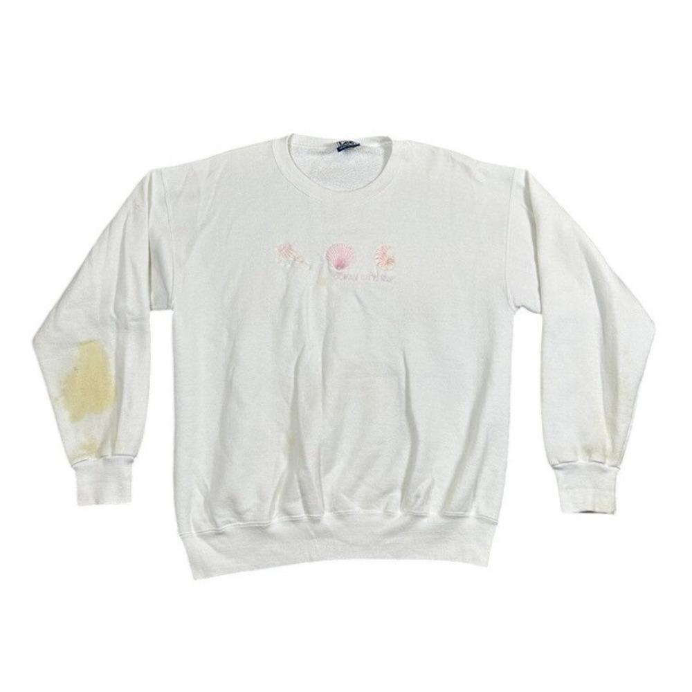 Vintage Lee Heavyweight Sweatshirt White Ocean City NJ Shells Embroidered USA